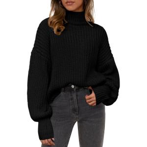 imagePRETTYGARDEN Fall Oversized Sweaters for Women 2025 Chunky Knit Long Sleeve Turtle Neck Pullover Tops Cozy Winter ClothingBlack