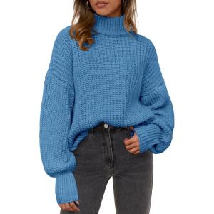 imagePRETTYGARDEN Fall Oversized Sweaters for Women 2025 Chunky Knit Long Sleeve Turtle Neck Pullover Tops Cozy Winter ClothingBlue