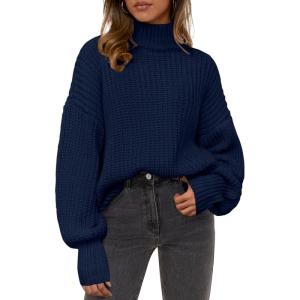imagePRETTYGARDEN Fall Oversized Sweaters for Women 2025 Chunky Knit Long Sleeve Turtle Neck Pullover Tops Cozy Winter ClothingNavy Blue
