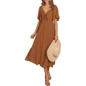 imagePRETTYGARDEN Summer Dress for Women 2025 Casual Short Sleeve Bow Tie V Neck Ruffle Midi Flowy DressesBrown