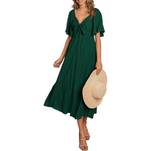 imagePRETTYGARDEN Summer Dress for Women 2025 Casual Short Sleeve Bow Tie V Neck Ruffle Midi Flowy DressesDark Green