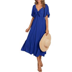 imagePRETTYGARDEN Summer Dress for Women 2025 Casual Short Sleeve Bow Tie V Neck Ruffle Midi Flowy DressesRoyal Blue