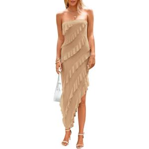 imagePRETTYGARDEN Summer Wedding Guest Dresses for Women 2025 Strapless Tube Ruffle Elegant Dinner Cocktail Long DressApricot