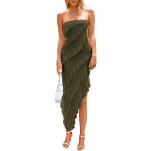 imagePRETTYGARDEN Summer Wedding Guest Dresses for Women 2025 Strapless Tube Ruffle Elegant Dinner Cocktail Long DressArmy Green