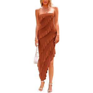 imagePRETTYGARDEN Summer Wedding Guest Dresses for Women 2025 Strapless Tube Ruffle Elegant Dinner Cocktail Long DressCaramel