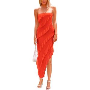 imagePRETTYGARDEN Summer Wedding Guest Dresses for Women 2025 Strapless Tube Ruffle Elegant Dinner Cocktail Long DressOrange
