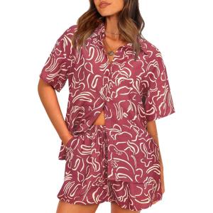imagePRETTYGARDEN Women Summer 2 Piece Beach Outfits Printed Short Sleeve Tops Lounge Shorts Casual Tracksuit SetBrown Red