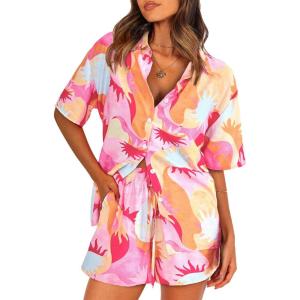 imagePRETTYGARDEN Women Summer 2 Piece Beach Outfits Printed Short Sleeve Tops Lounge Shorts Casual Tracksuit SetPink