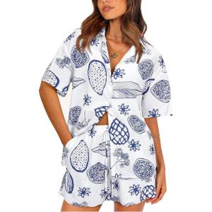 imagePRETTYGARDEN Women Summer 2 Piece Beach Outfits Printed Short Sleeve Tops Lounge Shorts Casual Tracksuit SetWhite Blue
