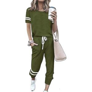 imagePRETTYGARDEN Women Summer Two Piece Outfits Striped Short Sleeve Pullover and Long Pants Tracksuit Travel Pajama Lounge SetArmy Green