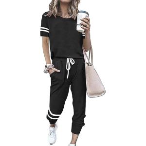 imagePRETTYGARDEN Women Summer Two Piece Outfits Striped Short Sleeve Pullover and Long Pants Tracksuit Travel Pajama Lounge SetBlack