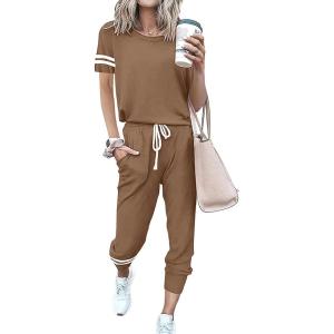 imagePRETTYGARDEN Women Summer Two Piece Outfits Striped Short Sleeve Pullover and Long Pants Tracksuit Travel Pajama Lounge SetBrown
