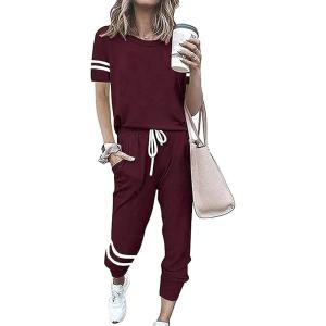 imagePRETTYGARDEN Women Summer Two Piece Outfits Striped Short Sleeve Pullover and Long Pants Tracksuit Travel Pajama Lounge SetBurgundy