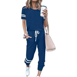 imagePRETTYGARDEN Women Summer Two Piece Outfits Striped Short Sleeve Pullover and Long Pants Tracksuit Travel Pajama Lounge SetDark Blue