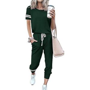 imagePRETTYGARDEN Women Summer Two Piece Outfits Striped Short Sleeve Pullover and Long Pants Tracksuit Travel Pajama Lounge SetDark Green