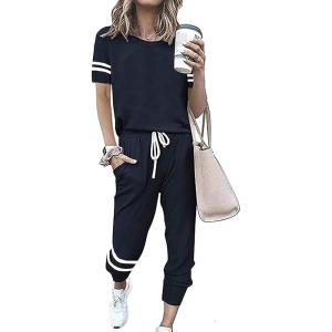 imagePRETTYGARDEN Women Summer Two Piece Outfits Striped Short Sleeve Pullover and Long Pants Tracksuit Travel Pajama Lounge SetNavy