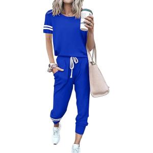imagePRETTYGARDEN Women Summer Two Piece Outfits Striped Short Sleeve Pullover and Long Pants Tracksuit Travel Pajama Lounge SetRoyal Blue