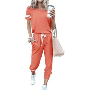 imagePRETTYGARDEN Women Summer Two Piece Outfits Striped Short Sleeve Pullover and Long Pants Tracksuit Travel Pajama Lounge SetShrimp Pink