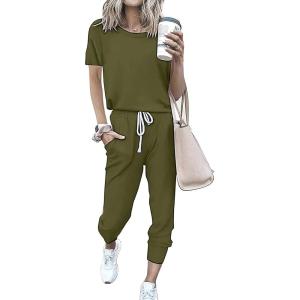 imagePRETTYGARDEN Women Summer Two Piece Outfits Striped Short Sleeve Pullover and Long Pants Tracksuit Travel Pajama Lounge SetSolid Army Green