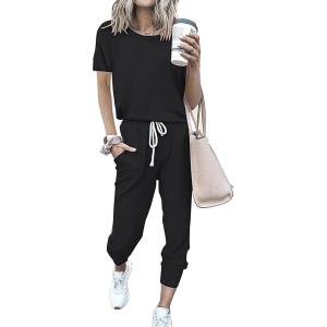 imagePRETTYGARDEN Women Summer Two Piece Outfits Striped Short Sleeve Pullover and Long Pants Tracksuit Travel Pajama Lounge SetSolid Black