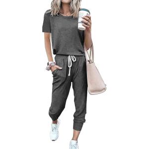 imagePRETTYGARDEN Women Summer Two Piece Outfits Striped Short Sleeve Pullover and Long Pants Tracksuit Travel Pajama Lounge SetSolid Dark Grey