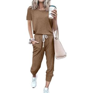 imagePRETTYGARDEN Women Summer Two Piece Outfits Striped Short Sleeve Pullover and Long Pants Tracksuit Travel Pajama Lounge SetSolid Dark Khaki