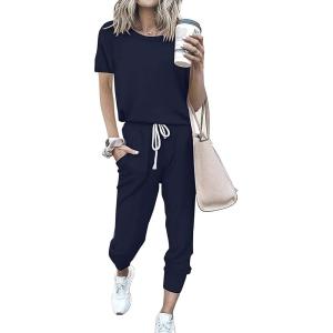 imagePRETTYGARDEN Women Summer Two Piece Outfits Striped Short Sleeve Pullover and Long Pants Tracksuit Travel Pajama Lounge SetSolid Navy