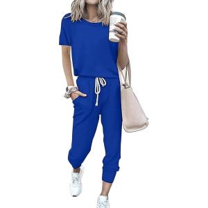 imagePRETTYGARDEN Women Summer Two Piece Outfits Striped Short Sleeve Pullover and Long Pants Tracksuit Travel Pajama Lounge SetSolid Royal Blue