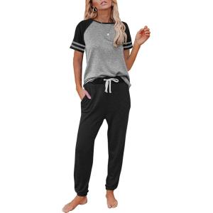 imagePRETTYGARDEN Women Summer Two Piece Outfits Striped Short Sleeve Pullover and Long Pants Tracksuit Travel Pajama Lounge SetZblack Grey