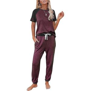 imagePRETTYGARDEN Women Summer Two Piece Outfits Striped Short Sleeve Pullover and Long Pants Tracksuit Travel Pajama Lounge SetZburgundy