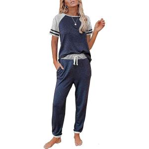 imagePRETTYGARDEN Women Summer Two Piece Outfits Striped Short Sleeve Pullover and Long Pants Tracksuit Travel Pajama Lounge SetZdark Blue