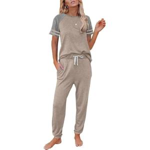 imagePRETTYGARDEN Women Summer Two Piece Outfits Striped Short Sleeve Pullover and Long Pants Tracksuit Travel Pajama Lounge SetZkhaki