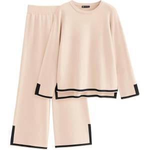 imagePRETTYGARDEN Womens 2 Piece Fall Knit Sweater Set Long Sleeve Tops Wide Leg Pants Sweatsuit Tracksuit Outfit Winter ClothingBeige