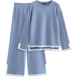 imagePRETTYGARDEN Womens 2 Piece Fall Knit Sweater Set Long Sleeve Tops Wide Leg Pants Sweatsuit Tracksuit Outfit Winter ClothingBlue