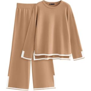 imagePRETTYGARDEN Womens 2 Piece Fall Knit Sweater Set Long Sleeve Tops Wide Leg Pants Sweatsuit Tracksuit Outfit Winter ClothingKhaki