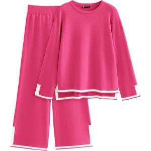 imagePRETTYGARDEN Womens 2 Piece Fall Knit Sweater Set Long Sleeve Tops Wide Leg Pants Sweatsuit Tracksuit Outfit Winter ClothingRose Red