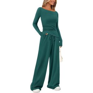 imagePRETTYGARDEN Womens 2 Piece Lounge Sets Asymmetrical Long Sleeve T Shirt Wide Leg Pants Casual Outfits TracksuitBlue Green