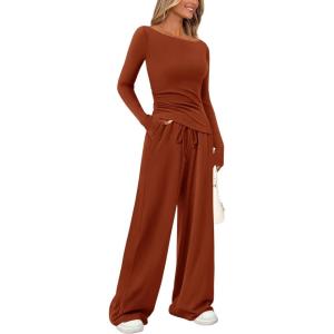 imagePRETTYGARDEN Womens 2 Piece Lounge Sets Asymmetrical Long Sleeve T Shirt Wide Leg Pants Casual Outfits TracksuitBrick Red