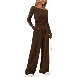imagePRETTYGARDEN Womens 2 Piece Lounge Sets Asymmetrical Long Sleeve T Shirt Wide Leg Pants Casual Outfits TracksuitBrown