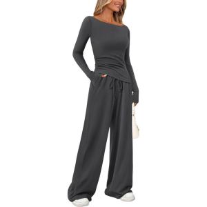 imagePRETTYGARDEN Womens 2 Piece Lounge Sets Asymmetrical Long Sleeve T Shirt Wide Leg Pants Casual Outfits TracksuitDark Grey