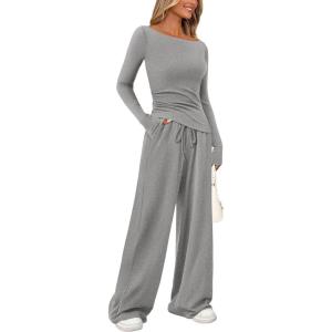 imagePRETTYGARDEN Womens 2 Piece Lounge Sets Asymmetrical Long Sleeve T Shirt Wide Leg Pants Casual Outfits TracksuitGrey
