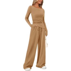 imagePRETTYGARDEN Womens 2 Piece Lounge Sets Asymmetrical Long Sleeve T Shirt Wide Leg Pants Casual Outfits TracksuitKhaki