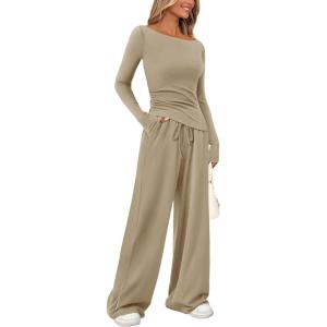 imagePRETTYGARDEN Womens 2 Piece Lounge Sets Asymmetrical Long Sleeve T Shirt Wide Leg Pants Casual Outfits TracksuitLight Khaki