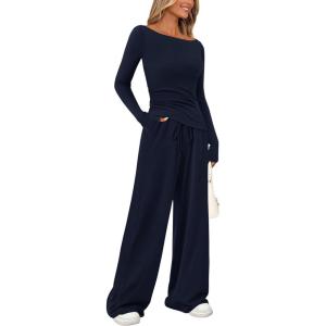 imagePRETTYGARDEN Womens 2 Piece Lounge Sets Asymmetrical Long Sleeve T Shirt Wide Leg Pants Casual Outfits TracksuitNavy