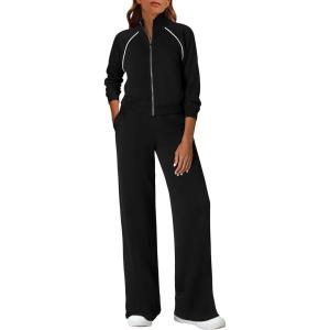 imagePRETTYGARDEN Womens 2 Piece Outfits Sweatsuits 2025 Fall Full Zip Sweatshirts Workout Pants Matching Lounge Sets TracksuitsBlack