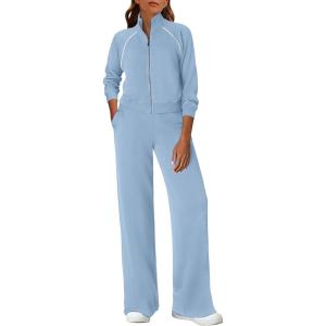 imagePRETTYGARDEN Womens 2 Piece Outfits Sweatsuits 2025 Fall Full Zip Sweatshirts Workout Pants Matching Lounge Sets TracksuitsLight Blue