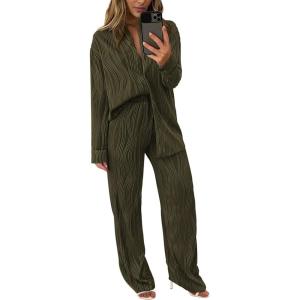 imagePRETTYGARDEN Womens 2 Piece Sets 2025 Fall Casual Textured Button Down Shirt Wide Leg Pants Outfits Loungewear TracksuitArmy Green