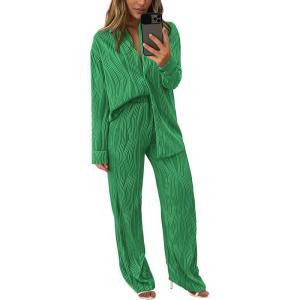 imagePRETTYGARDEN Womens 2 Piece Sets 2025 Fall Casual Textured Button Down Shirt Wide Leg Pants Outfits Loungewear TracksuitGreen