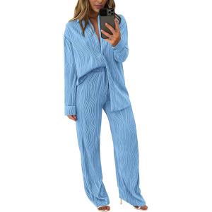 imagePRETTYGARDEN Womens 2 Piece Sets 2025 Fall Casual Textured Button Down Shirt Wide Leg Pants Outfits Loungewear TracksuitLight Blue