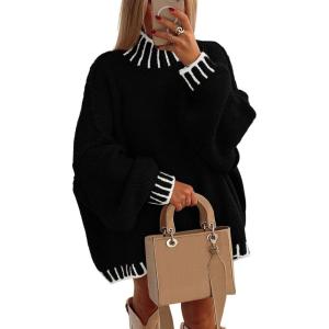imagePRETTYGARDEN Womens 2025 Fall Oversized Pullover Sweaters Long Sleeve Mock Neck Chunky Knit Jumper Tops Winter ClothingBlack